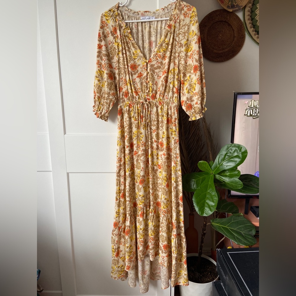 Petal & Pup Fredine Midi Dress in Mustard Floral Boho Print - 6